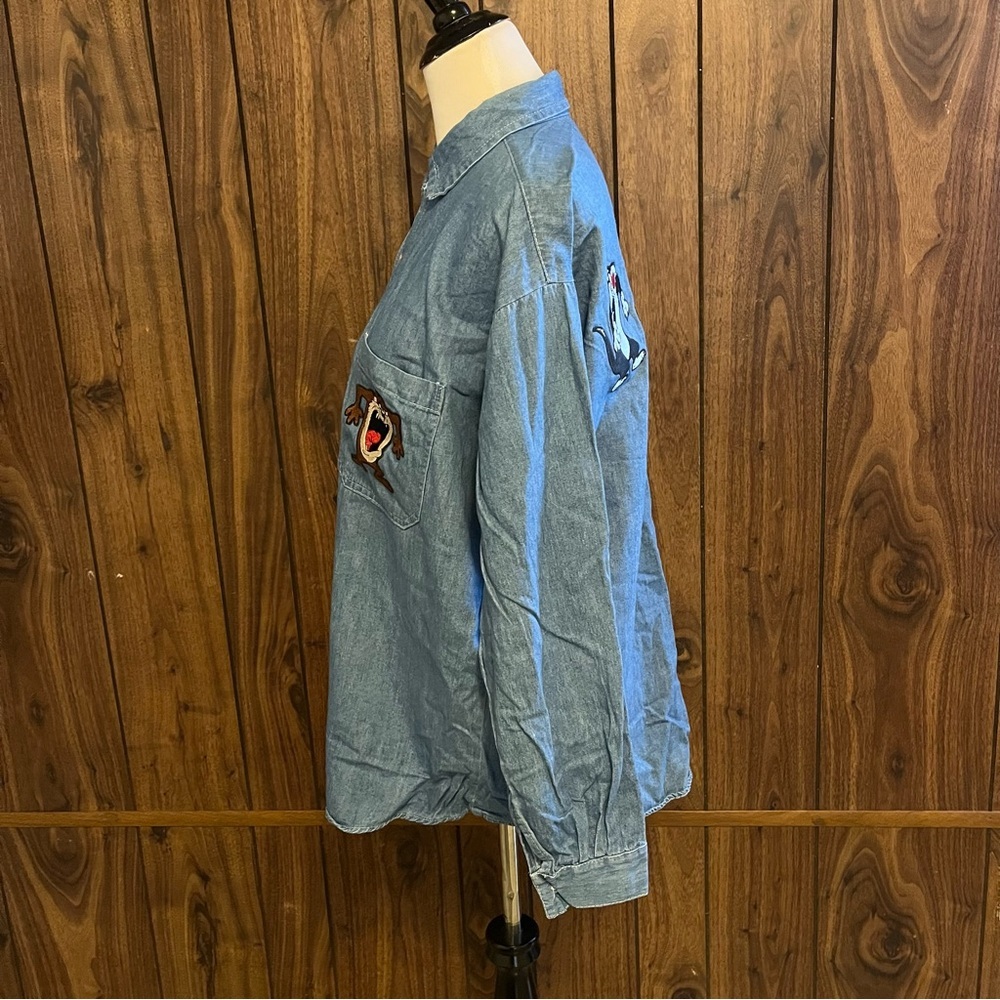 Vintage 1992 Top Line USA Warner Bros Looney Tunes Embroidered Denim Shirt Sz L - Picture 2 of 6